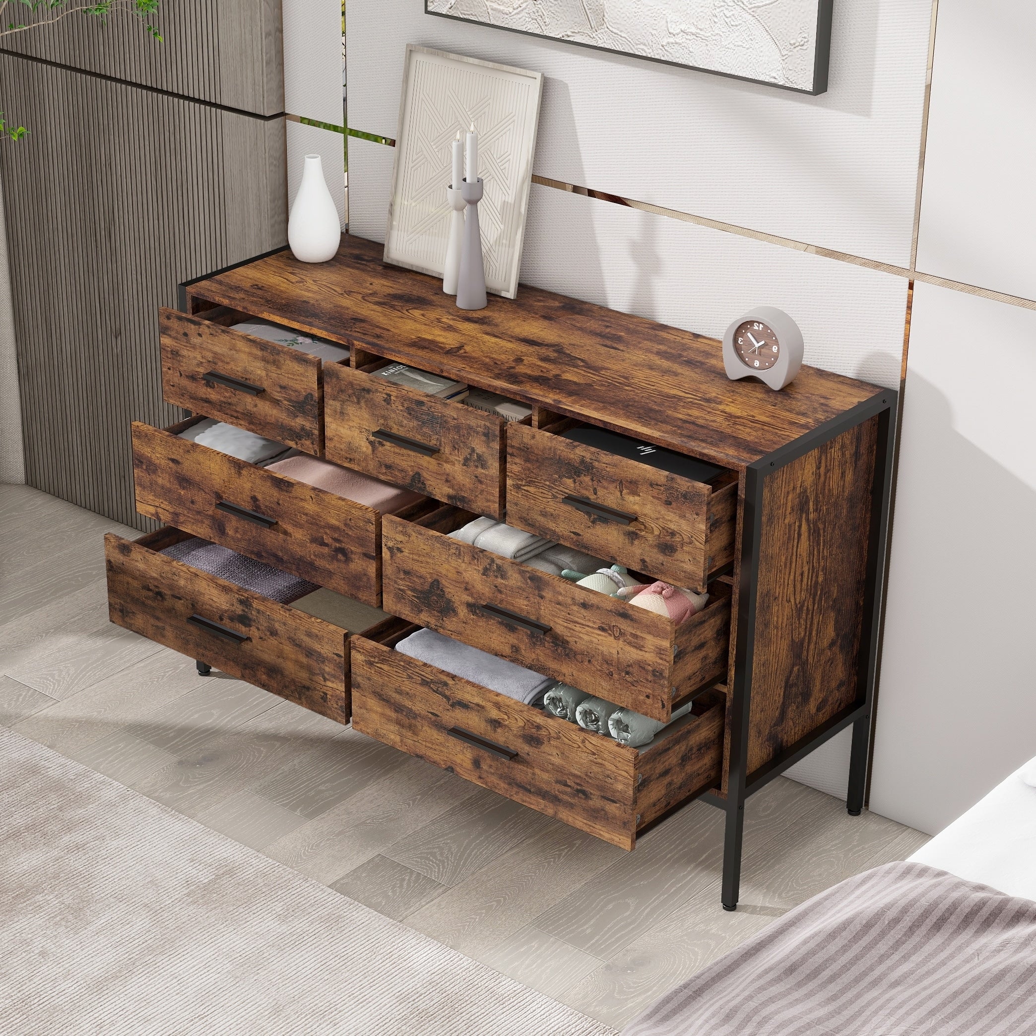 7-Drawer Horizontal Dresser, Wooden Storage Closet for Bedroom, Solid Clothes Cabinet with Sturdy Steel Frame