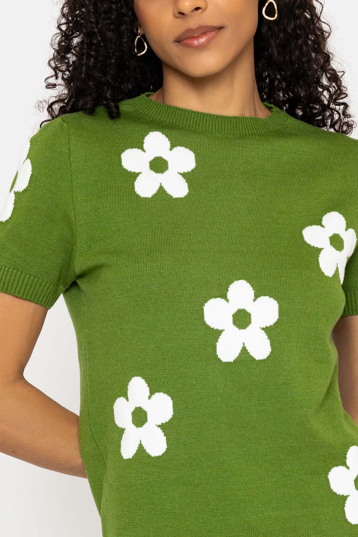Green Short Sleeve Floral Knit