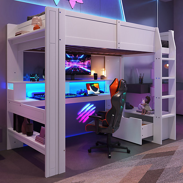 Lit mezzanine 90x200 cm - Lit avec bureau intégré et LED 16 s - Pin et MDF - Sans matelas - Blanc
