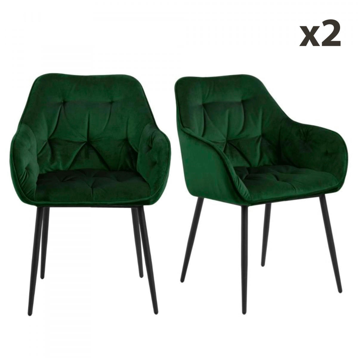 BROKEN - Lot de 2 chaises en velours matelassé avec accoudoirs vert