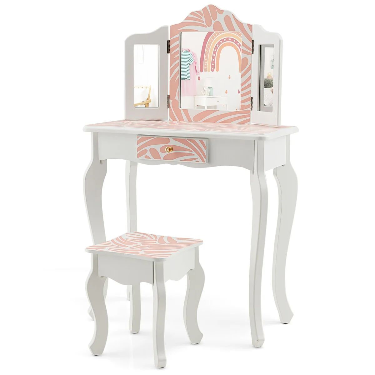 Costway Kid Vanity Set Wooden Makeup Table Stool Tri-Folding Mirror - See Details