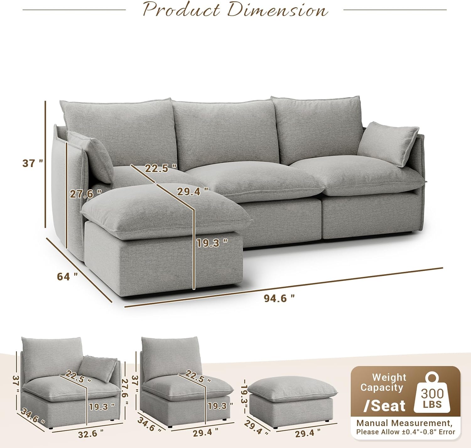 94.5 L Shape Cloud Modular Sectional,4 Seater Waterproof High Backrest Sectional Sofas,Down Filled Modular Couch with Removable Washable Cover for Living Room,Light Gray