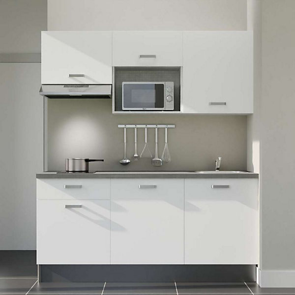 Kitchenette K30 façades Blanc - Plan de travail Gris béton - Crédences : Non - Evier inox - Electroménager Inox inclus