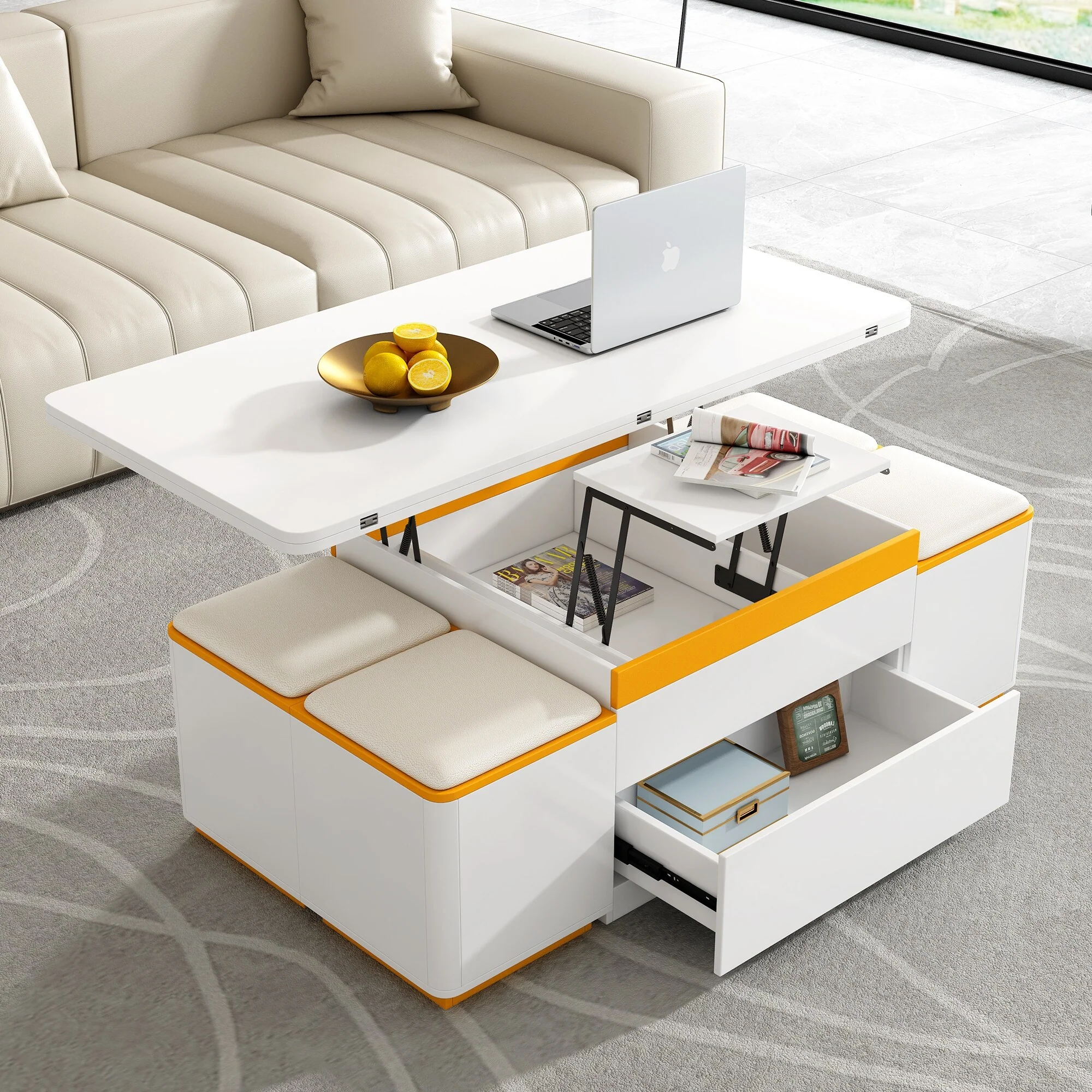Lift-Top Coffee Table with 4 Storage Stools, Modern Space Saving Center Table with Foldable Top