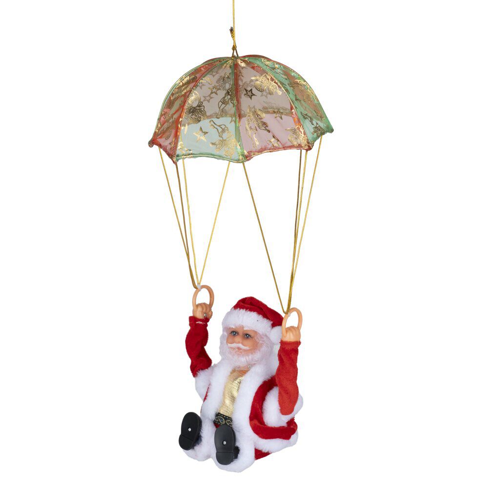 Père No&euml;l en parachute à suspendre animé musical Ø18xH41cm