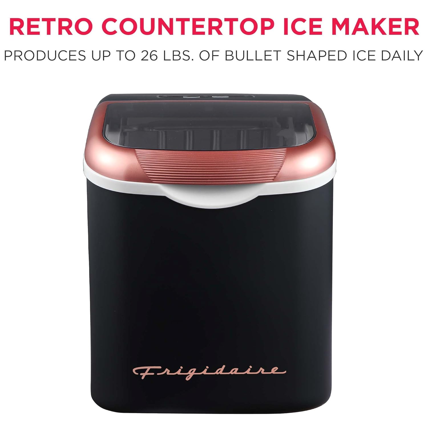 FRIGIDAIRE Retro Compact Ice Maker Machine, Bullet Ice, 26 lb per Day (BlackRoseGold)