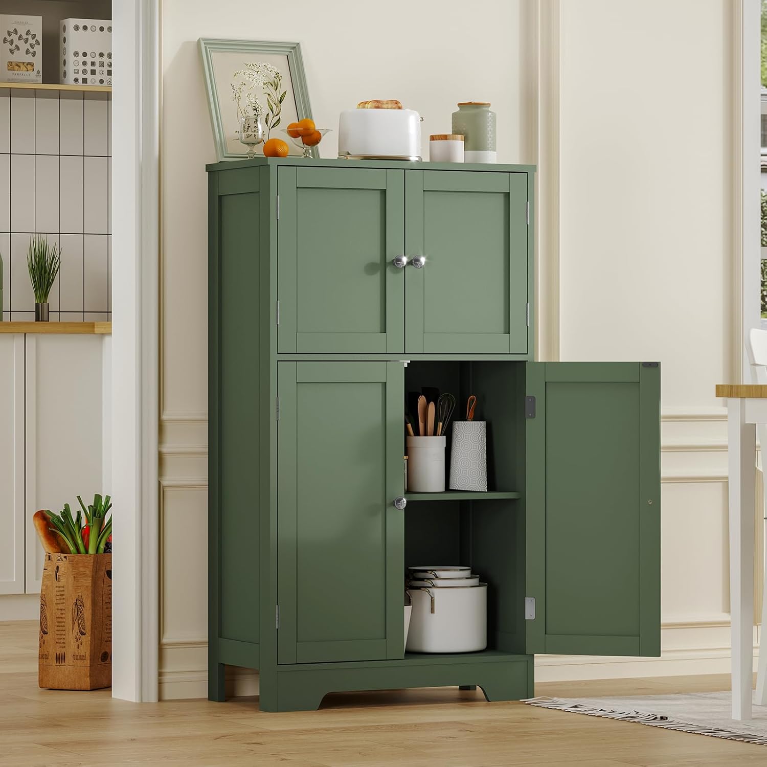 TEENFON Bathroom Storage Cabinet, Bathroom Cabinet with 4 Doors & 2 Adjustable Shelves, Cupboard, Cabinets for Living Room, Entryway, Office, Forest Green