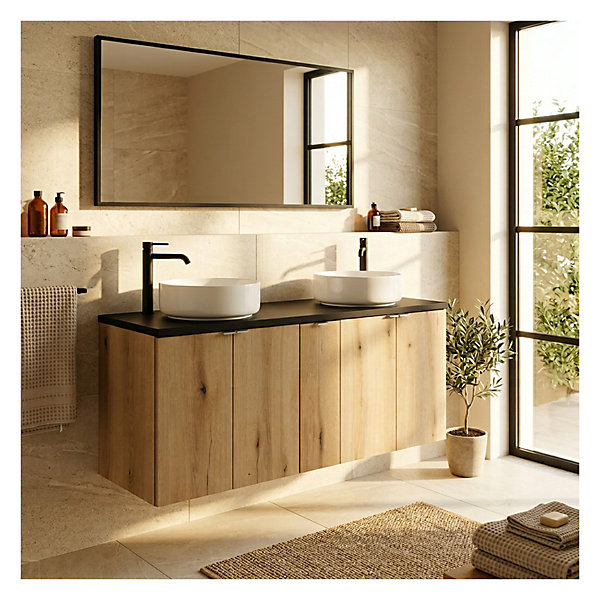 Ensemble de salle de bain suspendu VANO aspect chene et noir 140cm : meubles sous vasque à placards et plan pour vasque