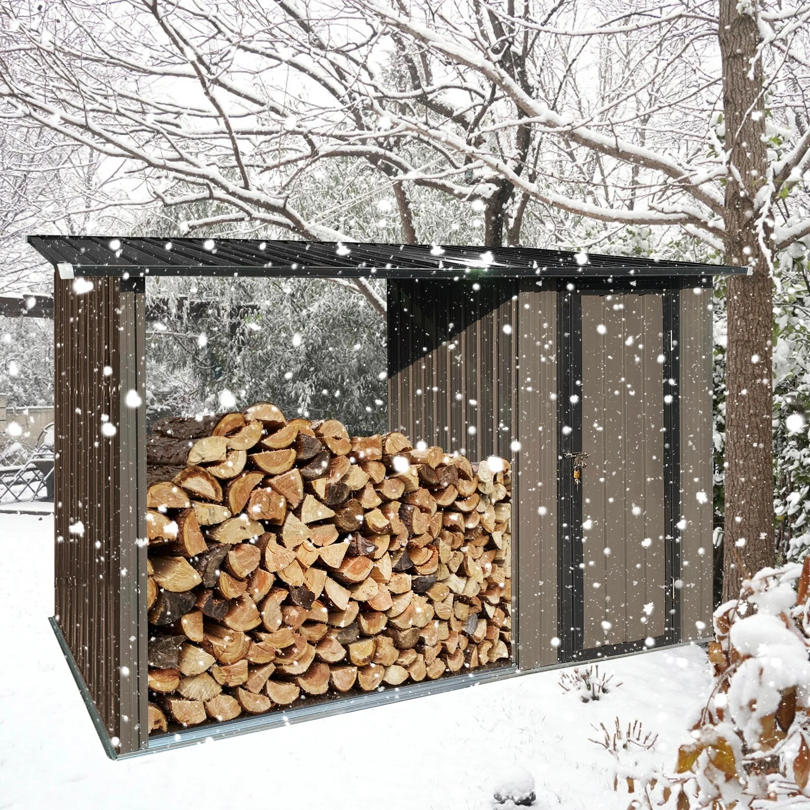 Outdoor Two-in-one Shed，Metal Firewood Rack and Storage Shed