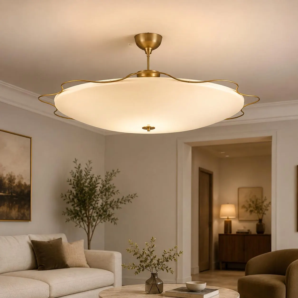 Luxury Raw Brass Ceiling Light, Off White Flush Mount Lamp, Mid Century Modern Chandelier