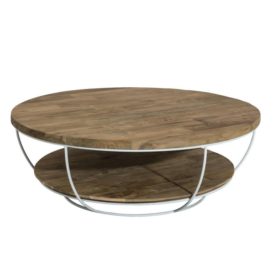 ALIDA - Table basse coque 2 plateaux en teck recyclé métal blanc D100