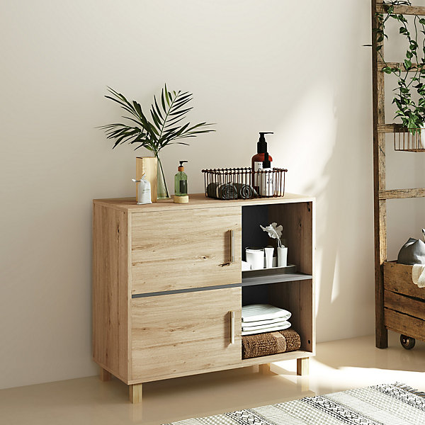 Meuble bas de salle de bain style bohème - 2 portes, 2 niches - gris effet bois clair naturel