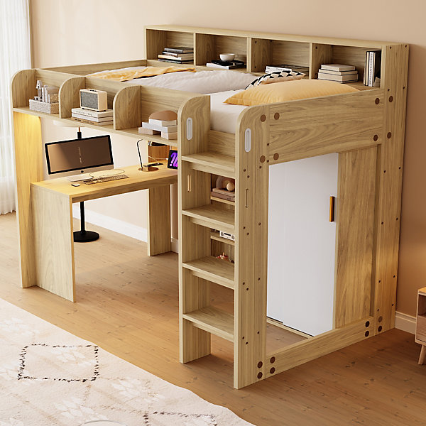 Lit Mezzanine Ado 90x200 cm - Bureau et Armoire Intégrés, LED et Prise électrique - Sommier Inclus - Sans Matelas - Bois Naturel