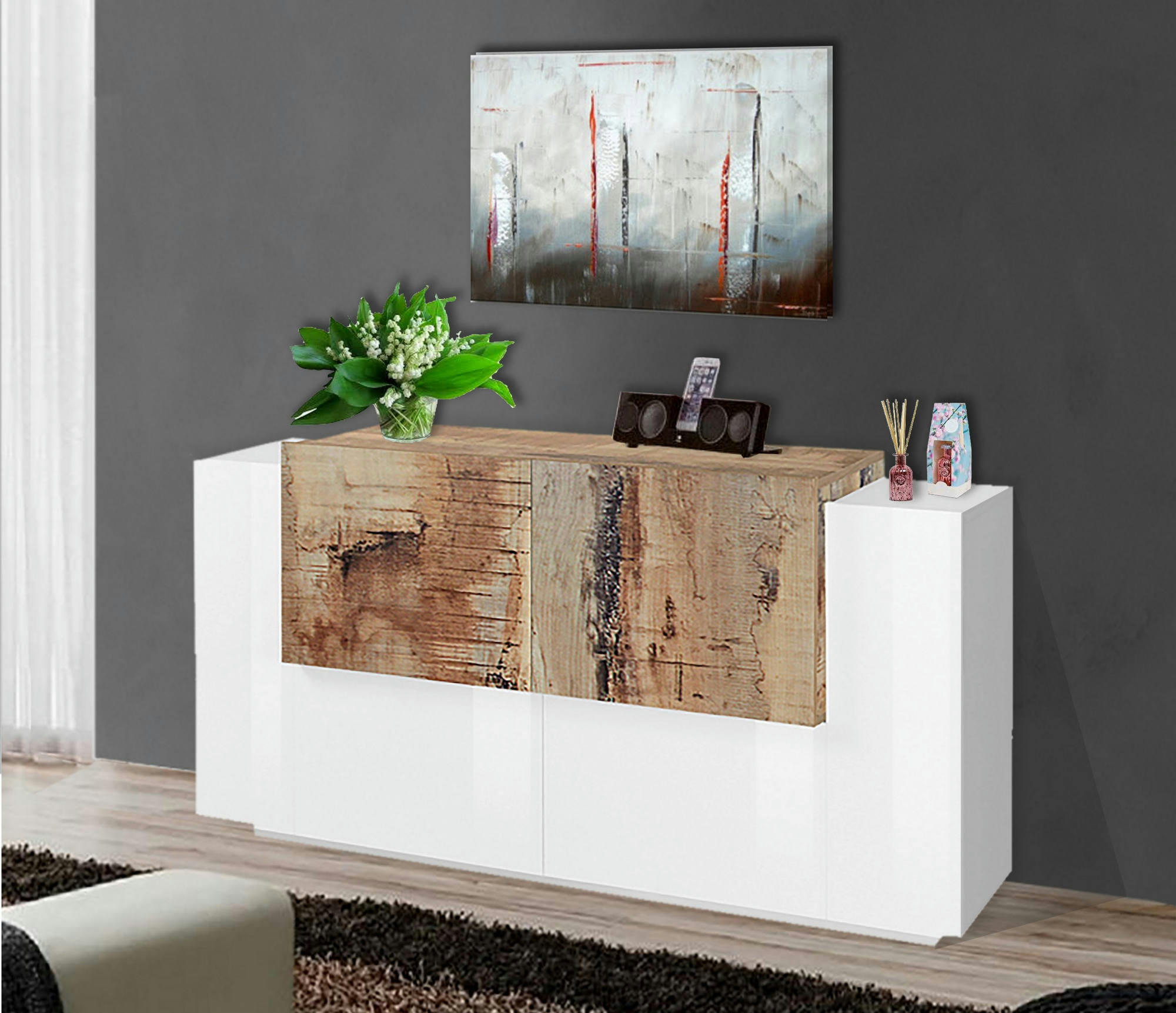 OMERO - Buffet avec 4 portes effet bois blanc brillant et érable