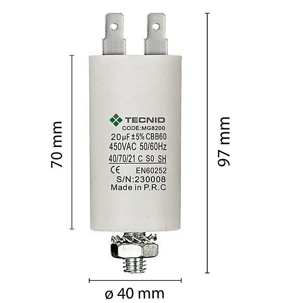 Condensateur de démarrage pour moteurs électriques, 450V, capacité : 20 microfarad, 4 broches / M8