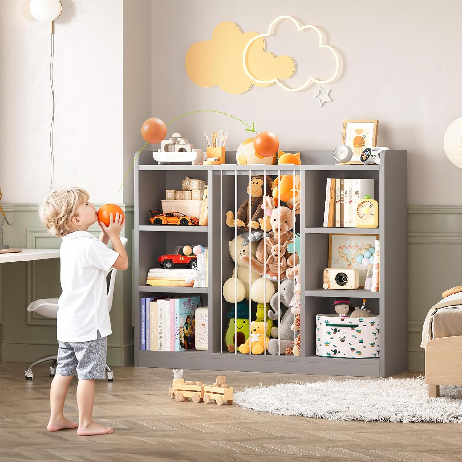 Toddler Stuffed Animal Zoo, Toy Storage Organizer for Playroom, Plush Toy Organizers and Storage, Book Shelf for Kids Rooms, Elastic Band Child Bookcase, Toy Shelf with 8 Storage Cubbies (Grey)
