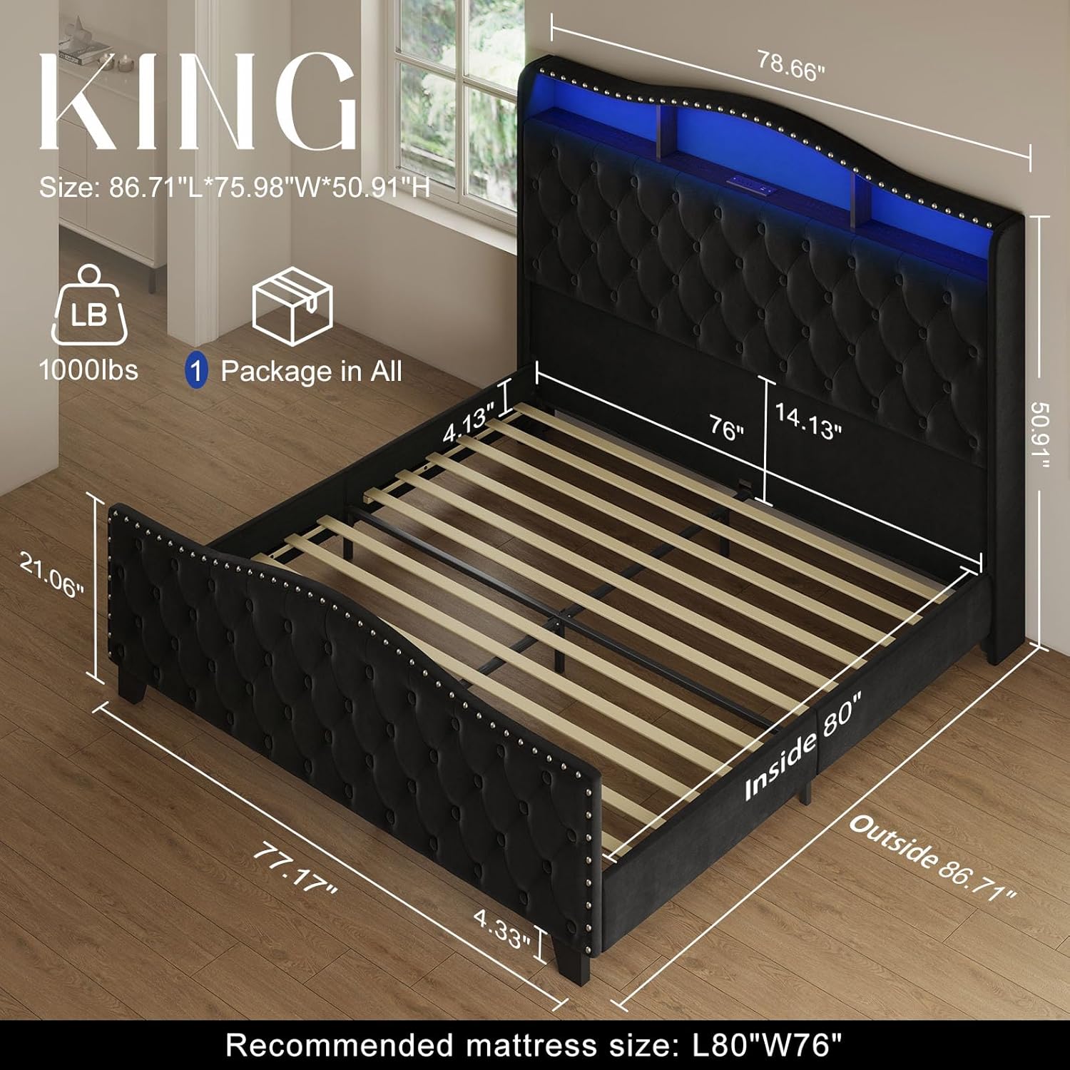 Belffin King Size Bed Frame and Headboard, 50.9 Velvet Upholstered Wingback Bedframe with LED Lights & Storage/Charging Station, Button Tufted Tall Footboard, No Box Spring Needed, Noise-Free, Black