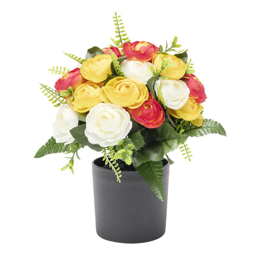 Pot de fleurs artificielles renoncules orange et jaune Ø28xH28cm