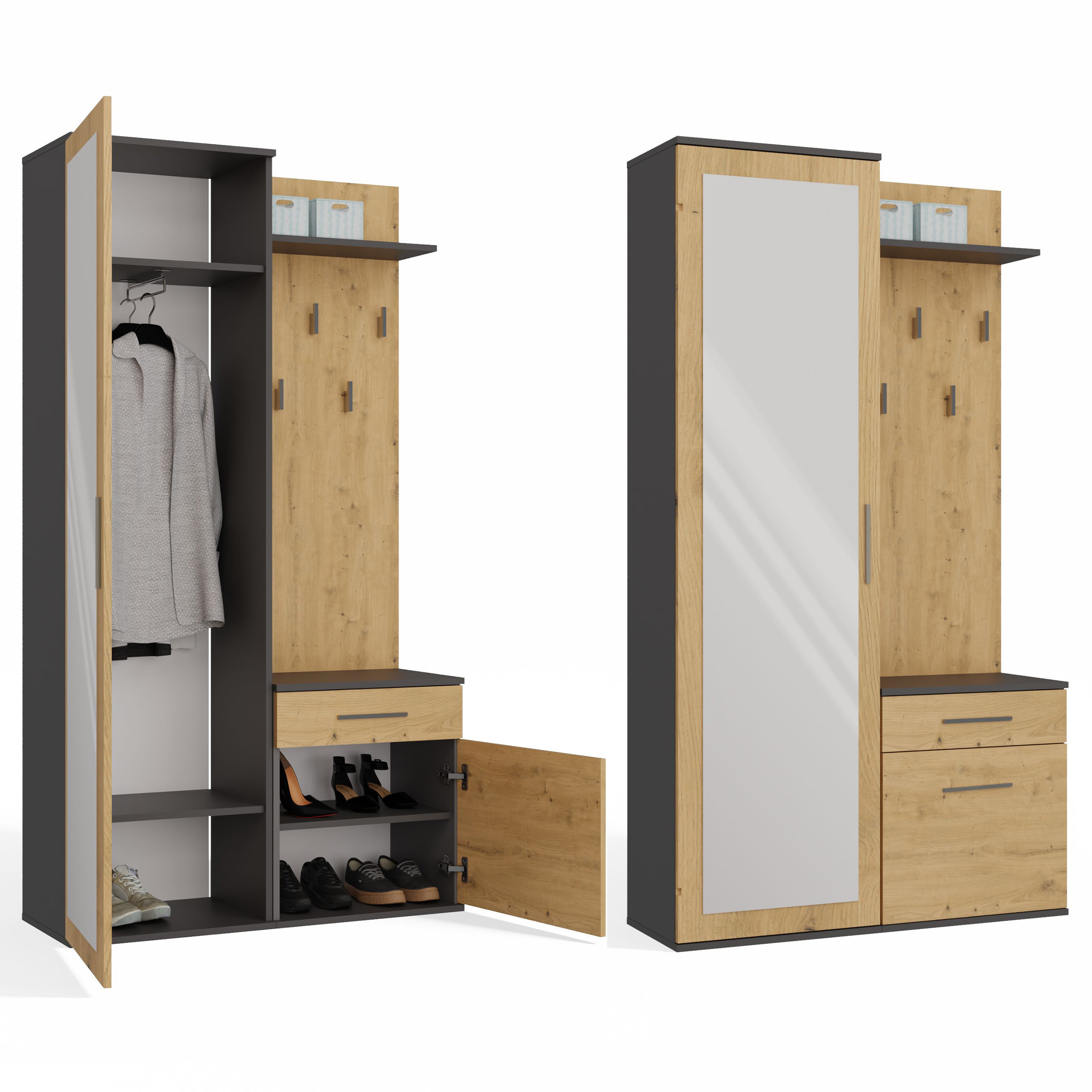 Garderoba DUO antracyt dąb artisan praktyczny zestaw 3w1