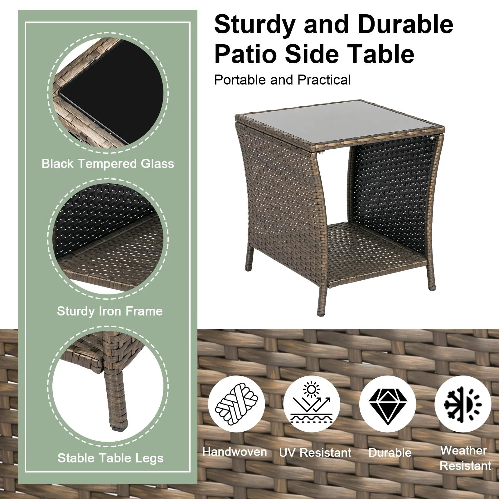 Kinbor Outdoor Side Table Wicker Patio Coffee Table w/ Tempered Glass Top & Storage, Brown