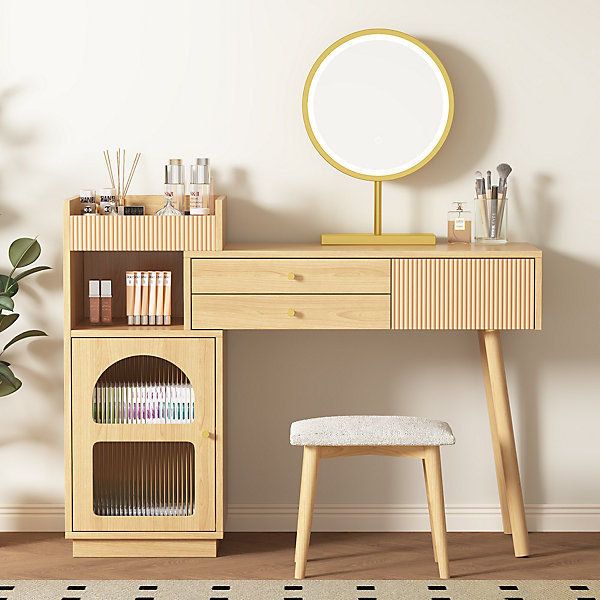 Coiffeuse 120 cm avec miroir LED 3 couleurs, tiroirs spacieux et armoire latérale en verre, finition bois naturel