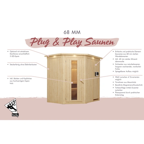 Sauna »Wenden«, inkl. 3.6 kW Saunaofen mit externer Steuerung, für 3 Personen
