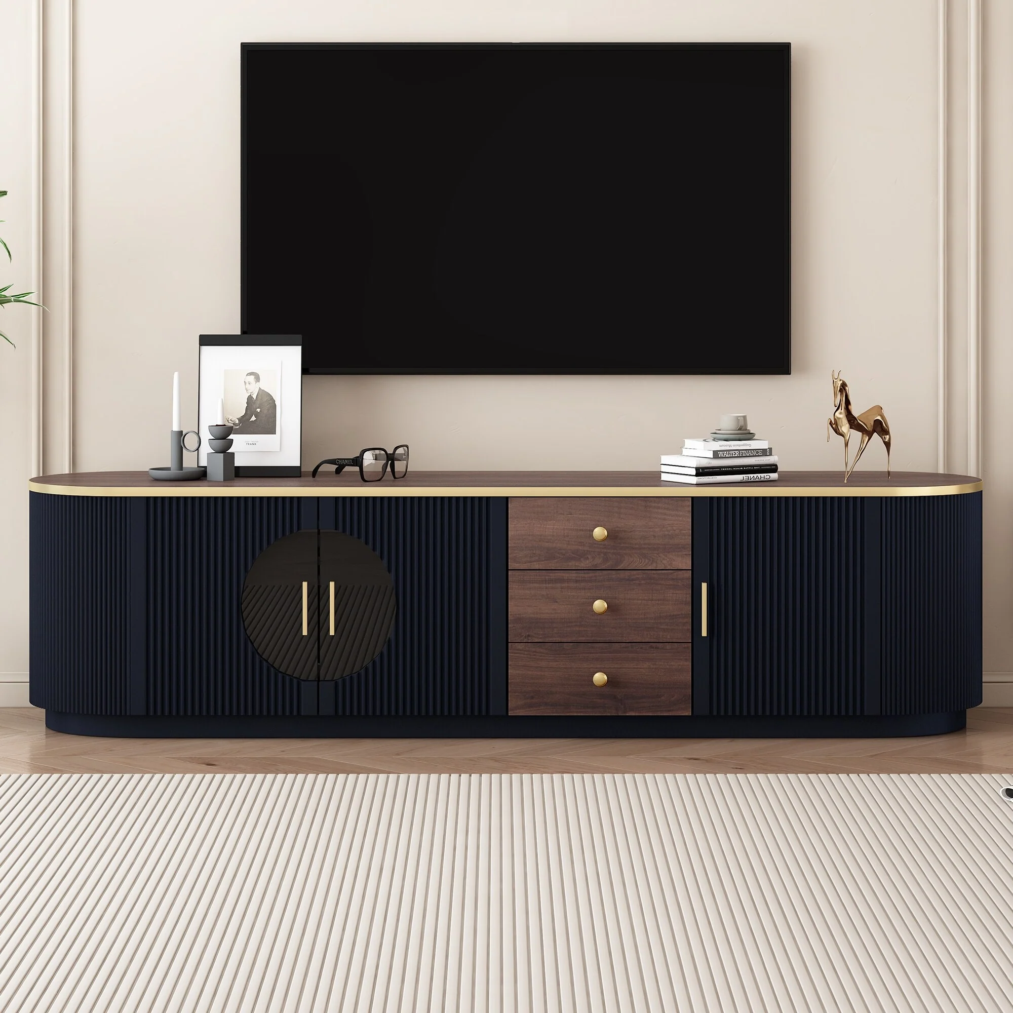 Modern Minimalist TV Stand for TV up to 80 Inches with 3 Drawers, 1 Shelf & 2 Cabinets - 70.8 D x 15.8 W x 18.2 H