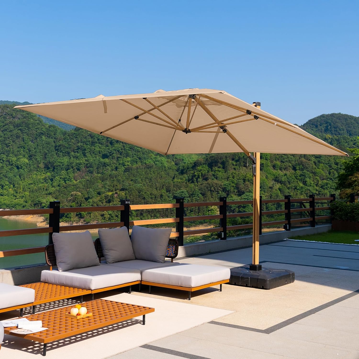PURPLE LEAF 12FT Patio Umbrella Square Cantilever Umbrella Teak Finished Aluminum Frame Large Windproof Offset Outdoor Sun Umbrellas for Beach Pool Deck, Beige