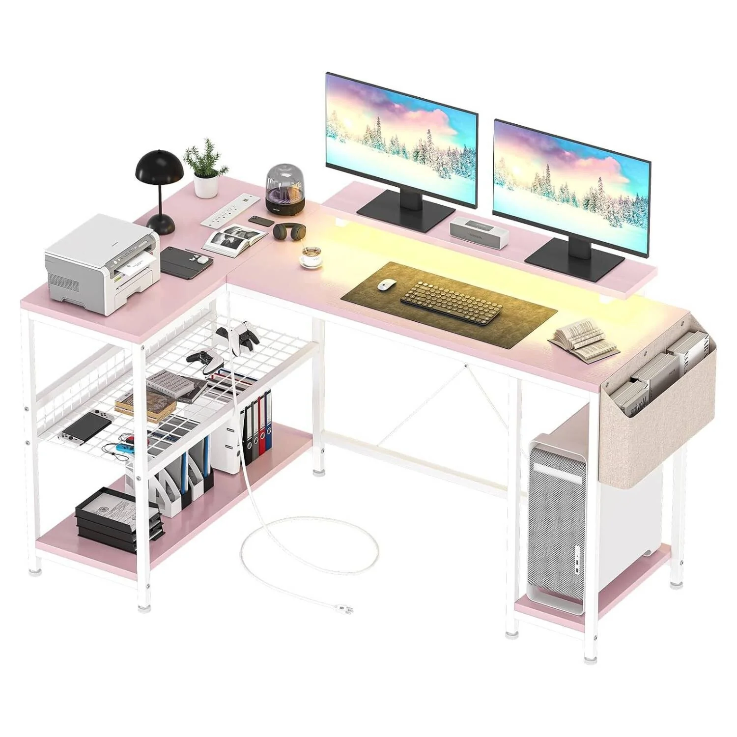 L Shaped Computer Desk with Storage Shelves and LED Lights