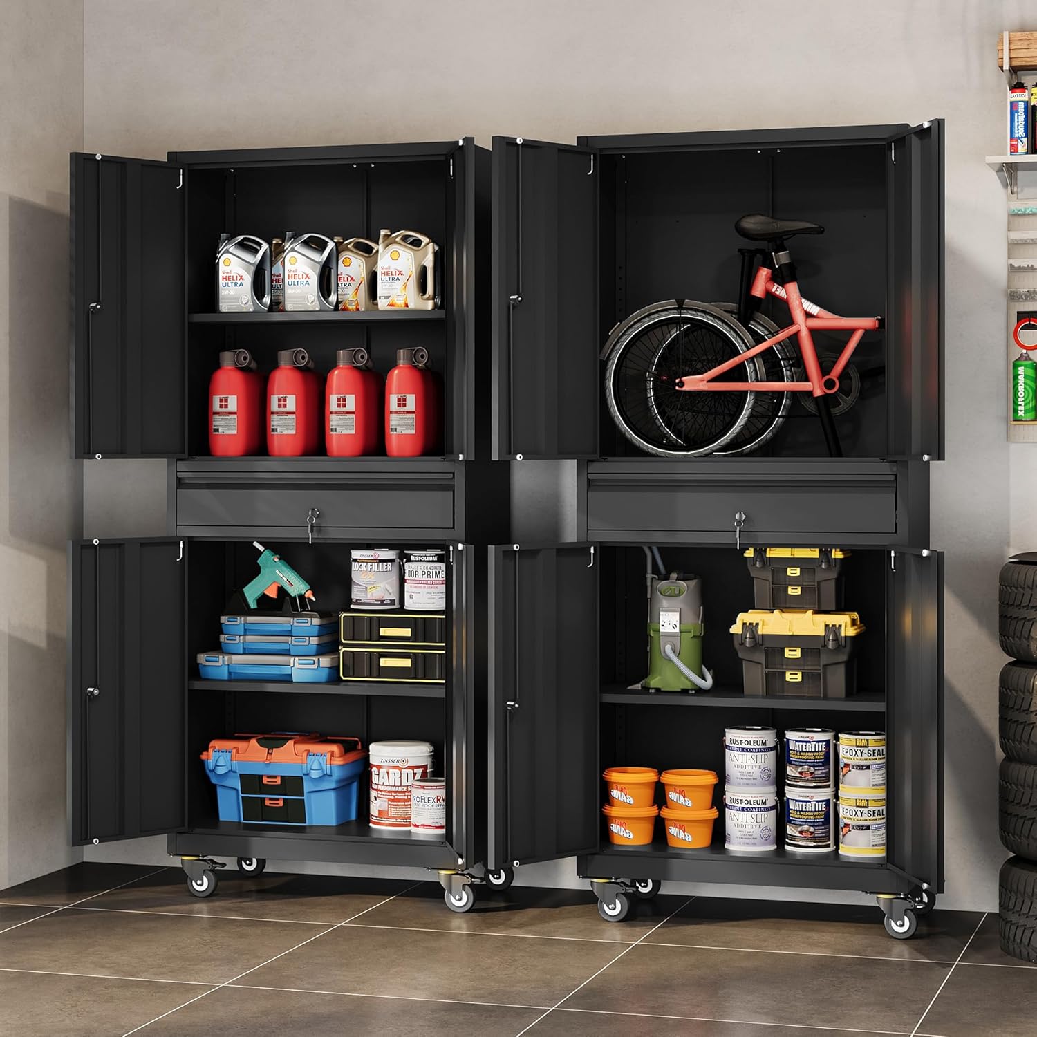 DEVAISE Metal Garage Storage Cabinet with Locking Doors and Drawer,71 Tool Cabinet with Adjustable Shelves & Wheels, 71 Steel Cabinet for Garage, Warehouse (Black)