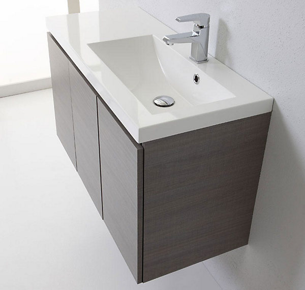Meuble De Salle De Bain Suspendu 90Cm Avec 3 Portes Gris Et Lavabo En Résine De Marbre - Manhattan