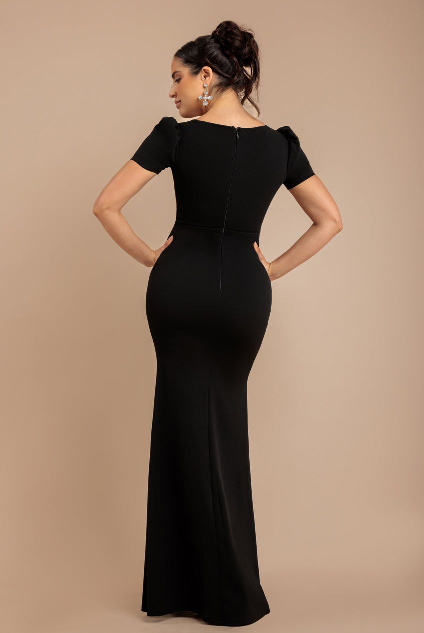 Goddiva Diamante Embellished Heart Brooch Scuba Maxi Dress