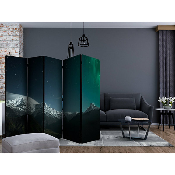 Paravent Décoratif Aurores Boréales - Charme Polaire 225 x 172 cm Blanc et Bleu