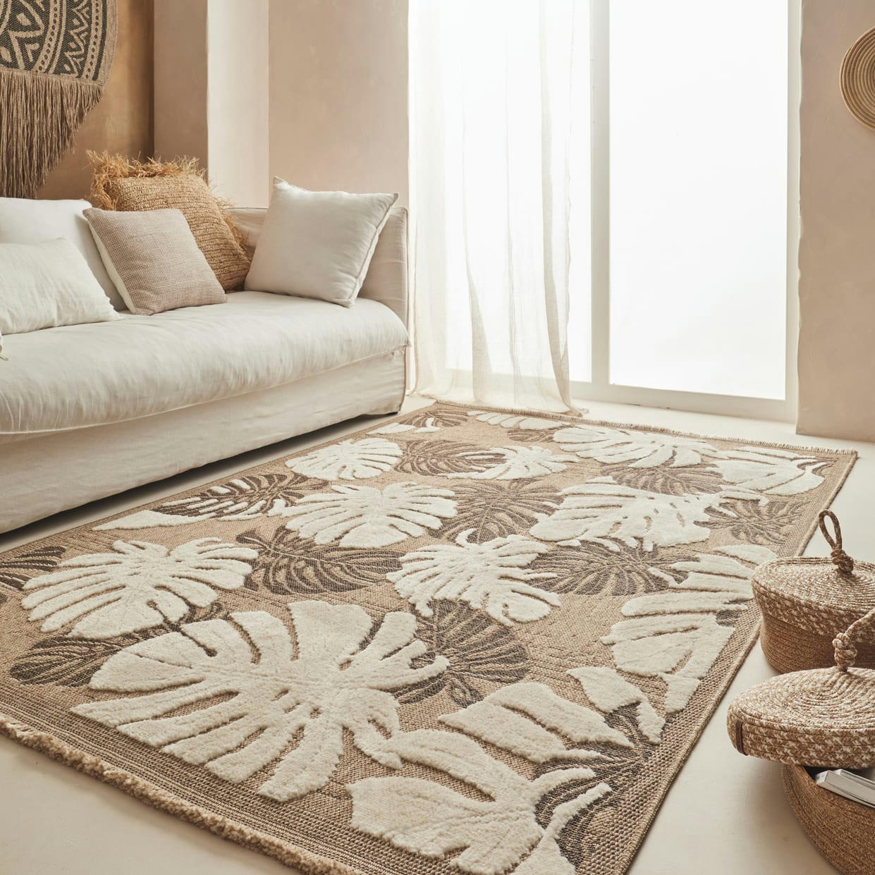 TULUM - Tapis intérieur et extérieur aspect jute feuille marron - 200x290