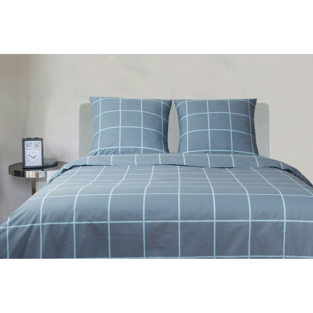 IMPRIMÉ CARREAUX BLEU - Parure de lit  1 personne housse de couette 140x200 cm+ 1 TO 65x65 cm