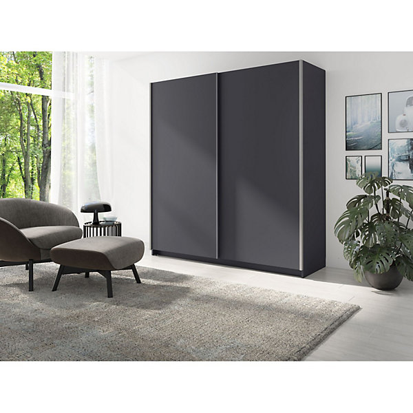 Armoire 2 portes coulissantes - Collection GOZU - Coloris gris graphite - 180 x 198 x 62 cm
