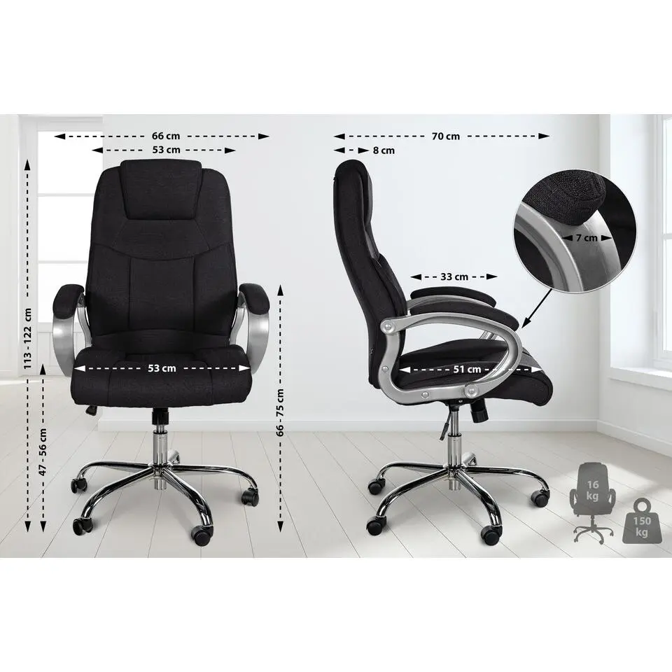 CLP Bureaustoel XL Apoll chroom Frame - Stof - zwart