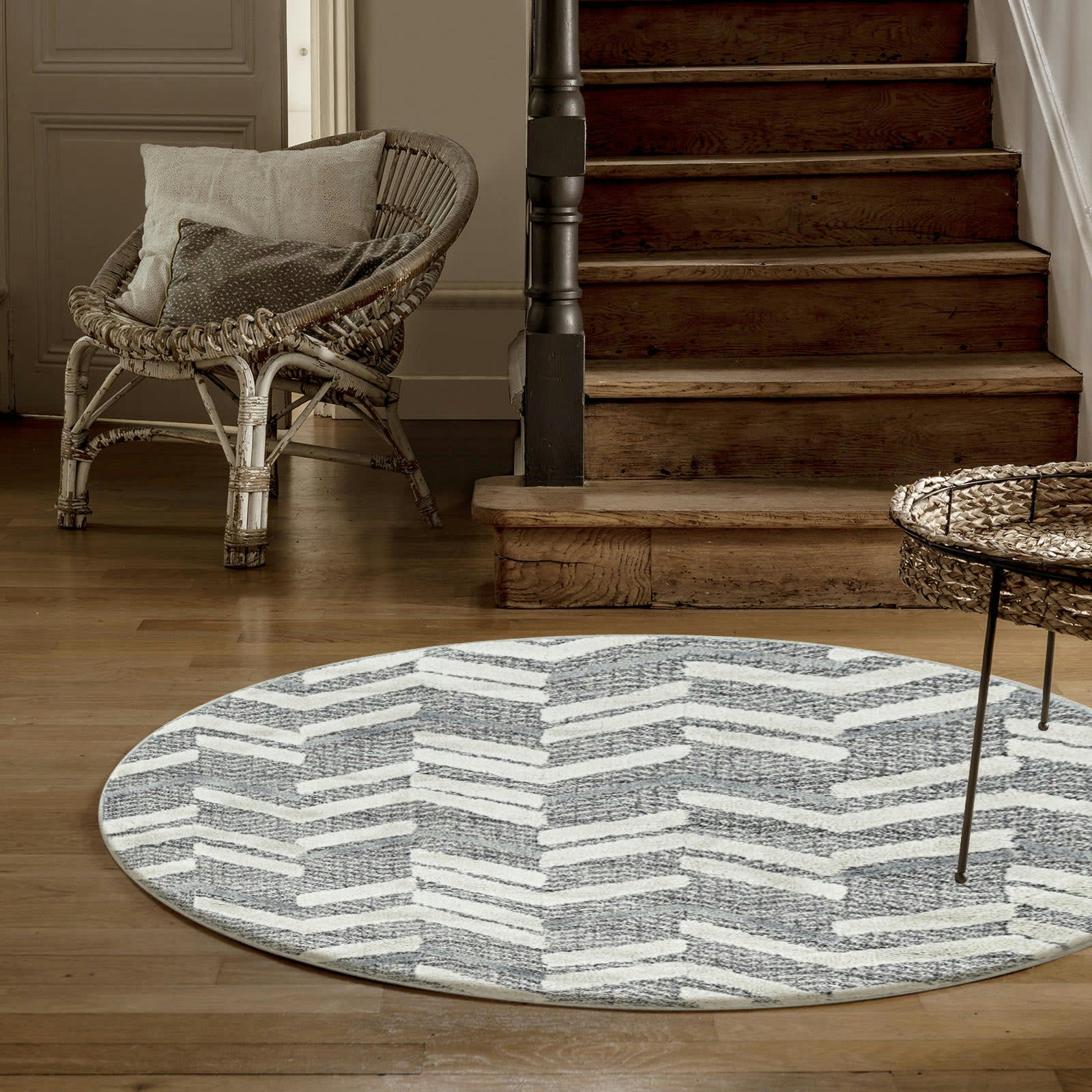 BOHEME - Tapis bohème rond à relief gris et blanc 120x120cm