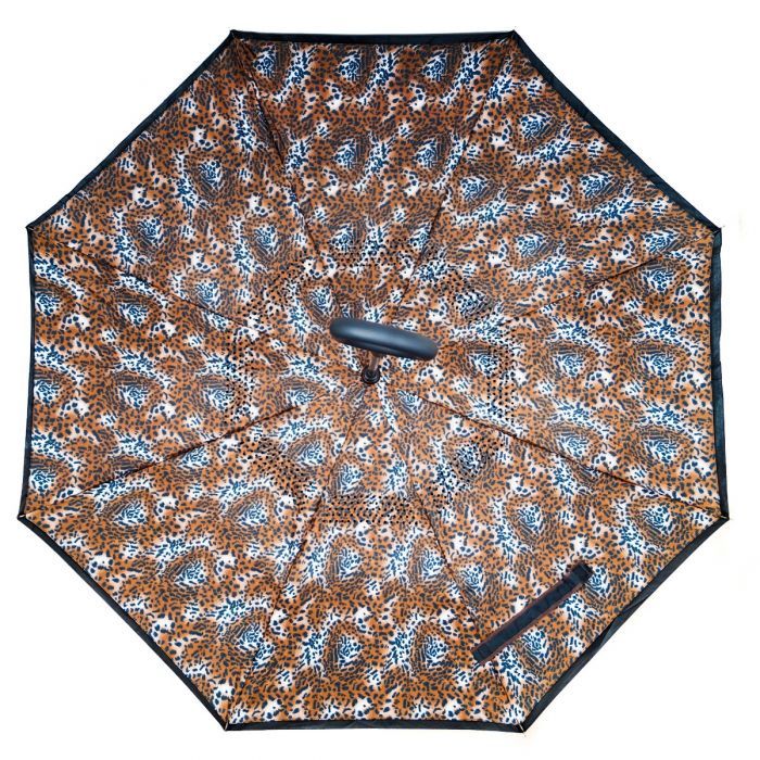 PEACH ACCESSORIES Small Leopard Print Upside Down Umbrella In Dark Brown