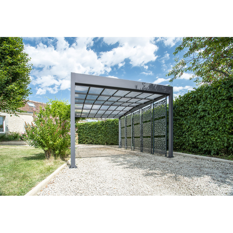 Carport en aluminium Libeccio gris anthracite avec 5 claustras 16,6 m²