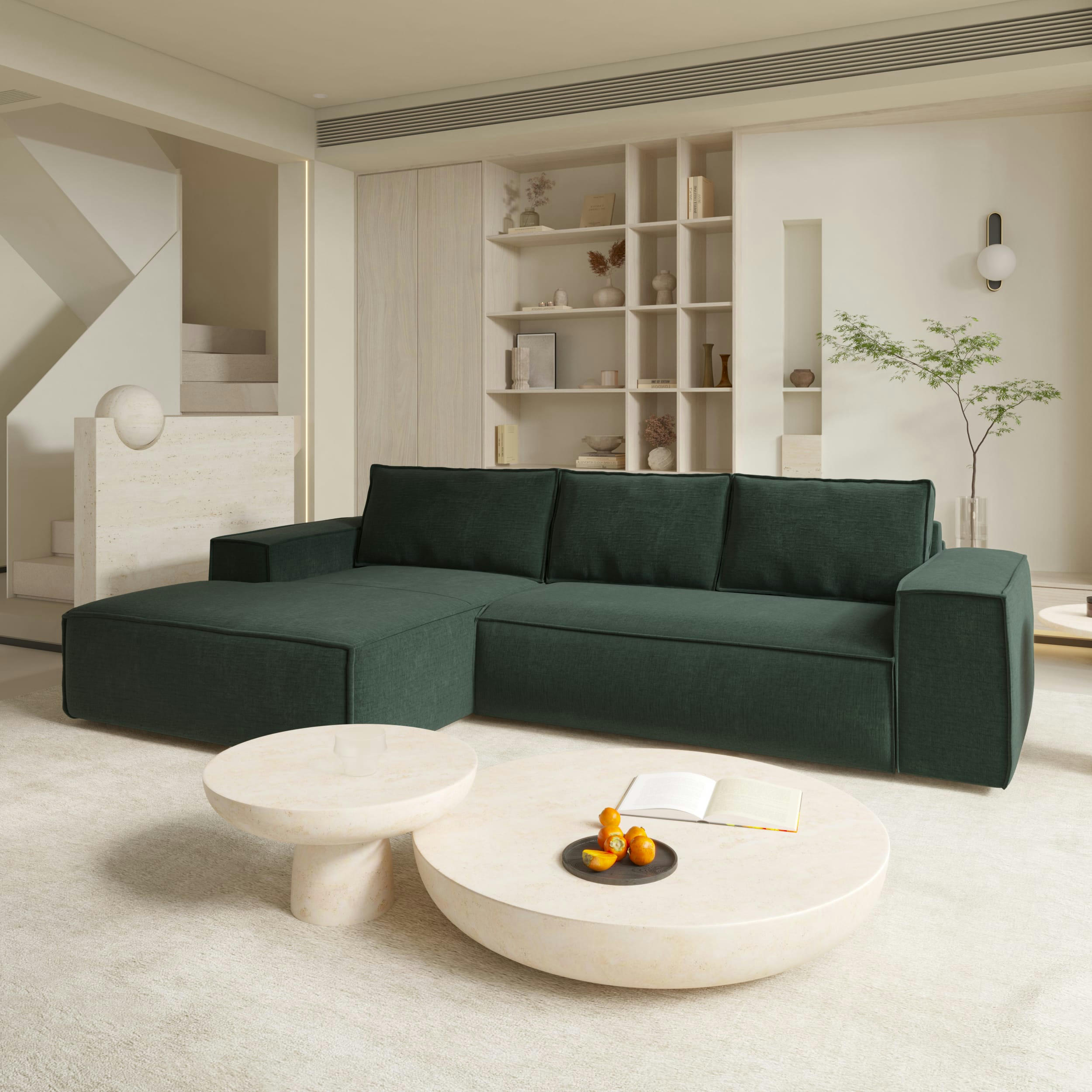 JOAN - Canapé convertible angle gauche dunlopillo velours texturé vert 140cm