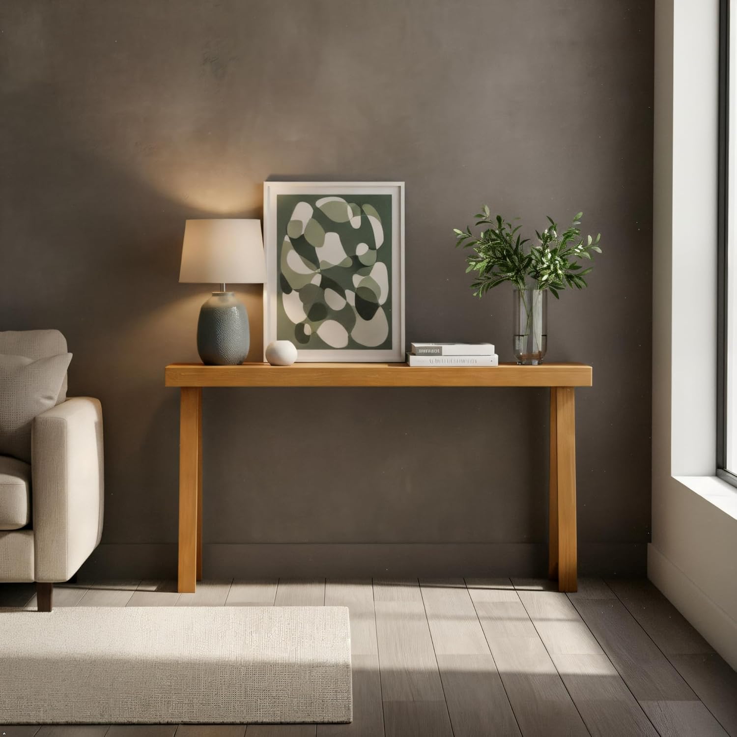 Plank+Beam Solid Wood Console Table, 66 Inch, Sofa Table, Narrow Entryway Table for Hallway, Behind The Couch, Living Room, Foyer, Easy Assembly, Pecan