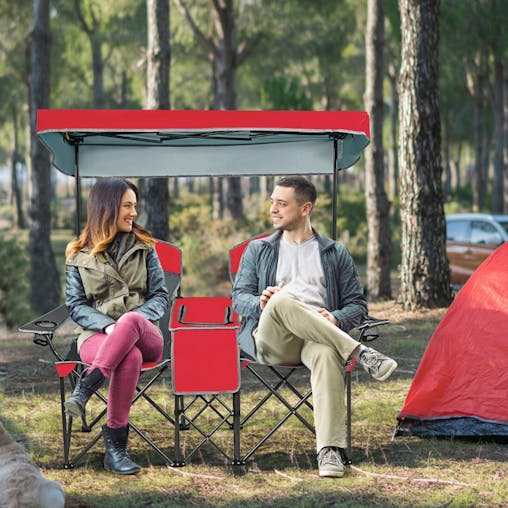 NNECW Double Folding Camping Chair with Canopy and Armrests-Red