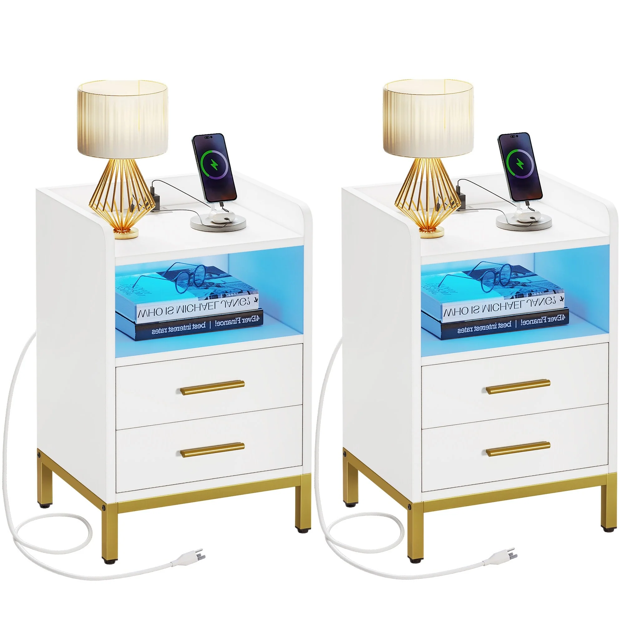 Moasis Set of 2 2-Drawers Nightstand with USB Charging Station for Bedroom Living Room