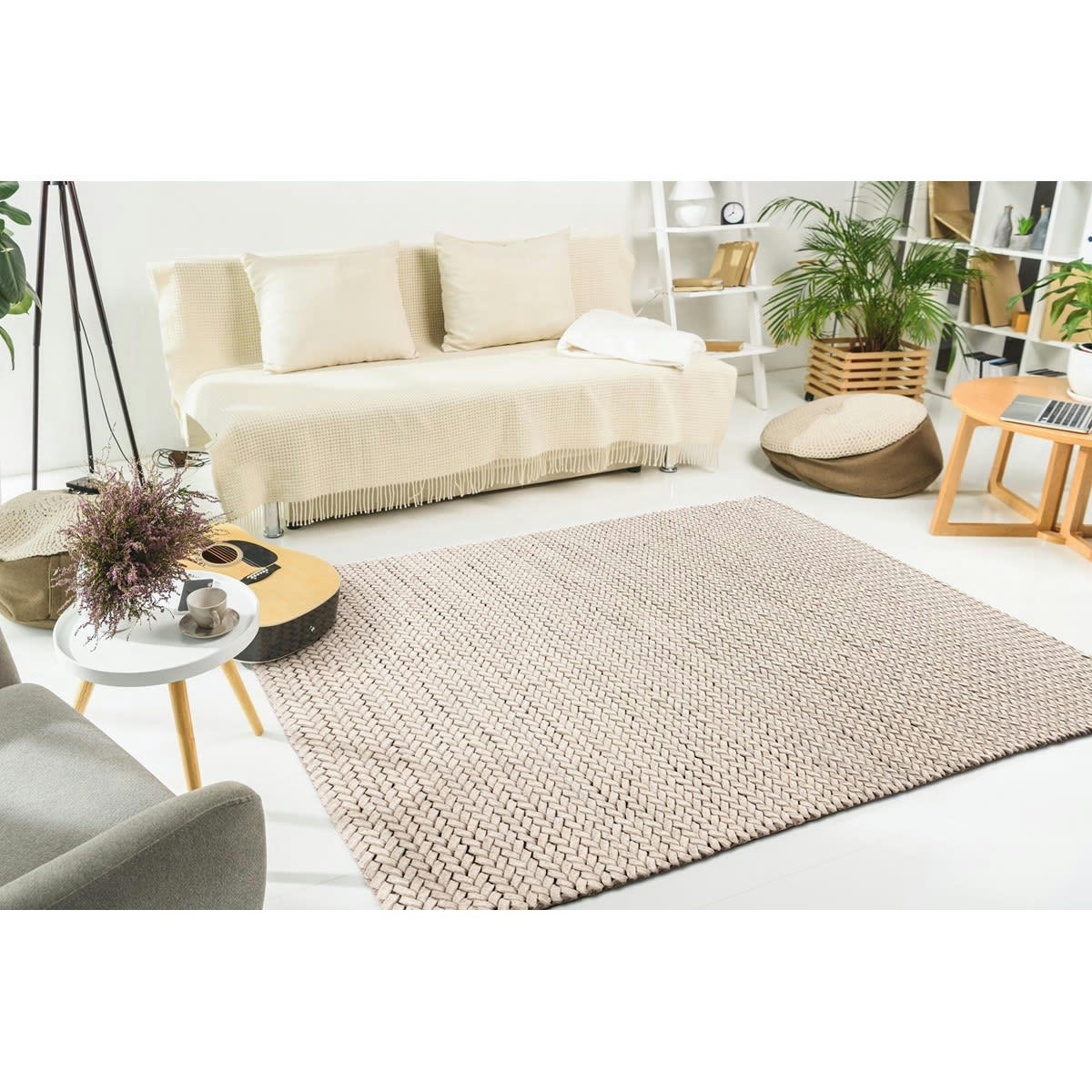 BORY - Tapis tressé main en Laine Beige 80x150 cm