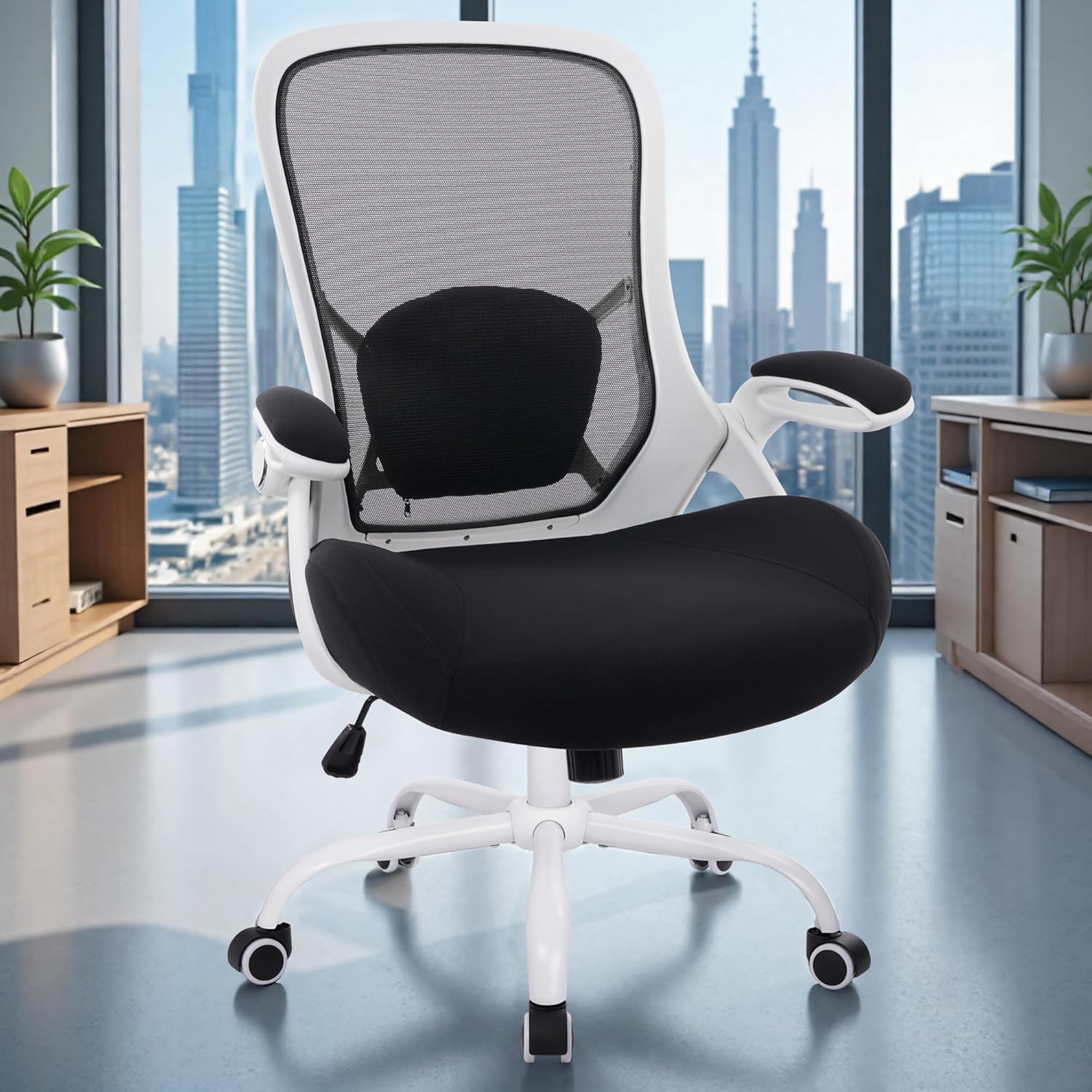 HYLONE 400lbs Heavy Duty Office Chair, 5 Thickened Seat Ergonomic Desk Chair with Adjustable Armrests, Home Office Computer Chairs for Long Hours Mesh Executive Chair(White Base&Black)