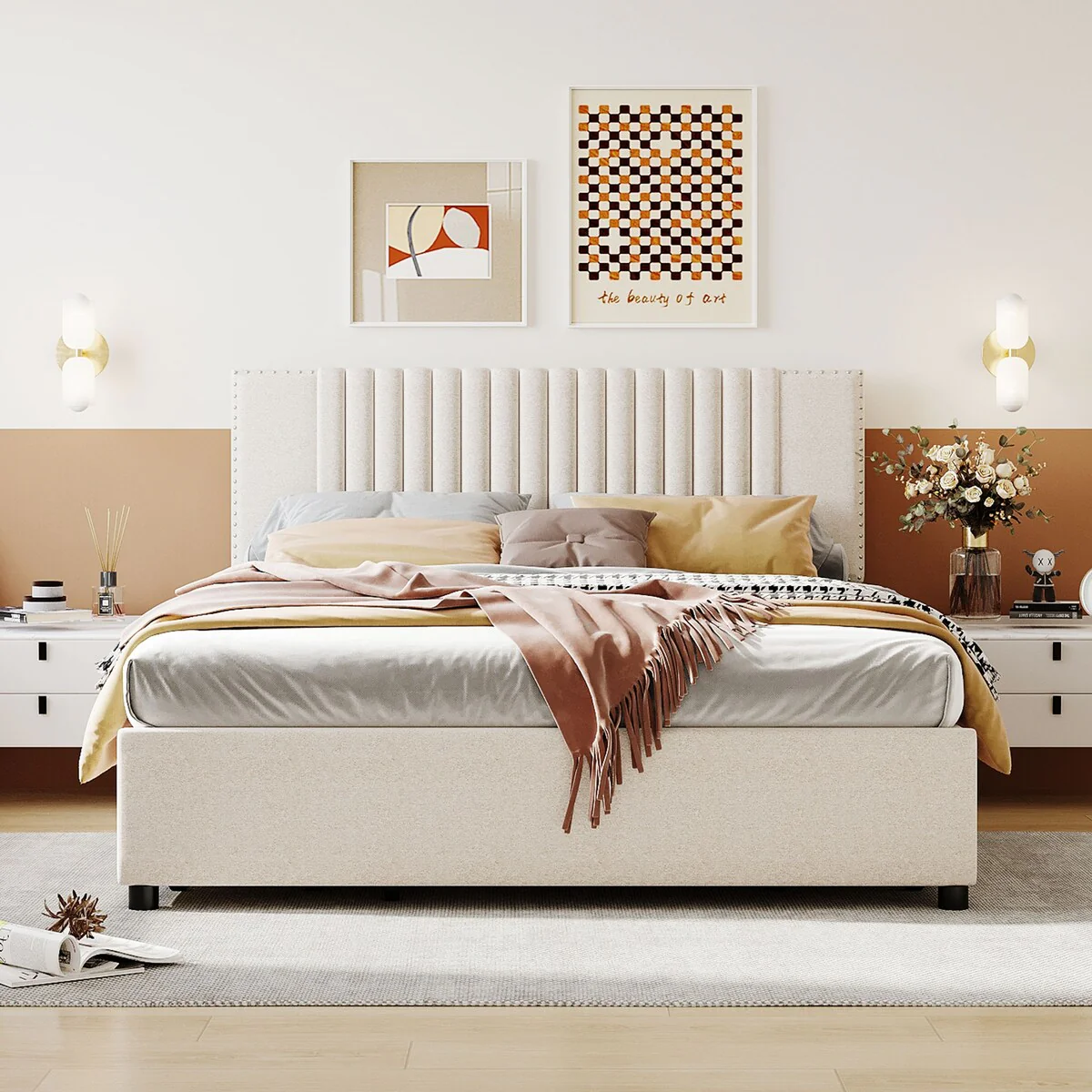 Roomfitters Queen Size Upholstered Platform Bed with Classic Headboard and 4 Drawers, Linen Fabric