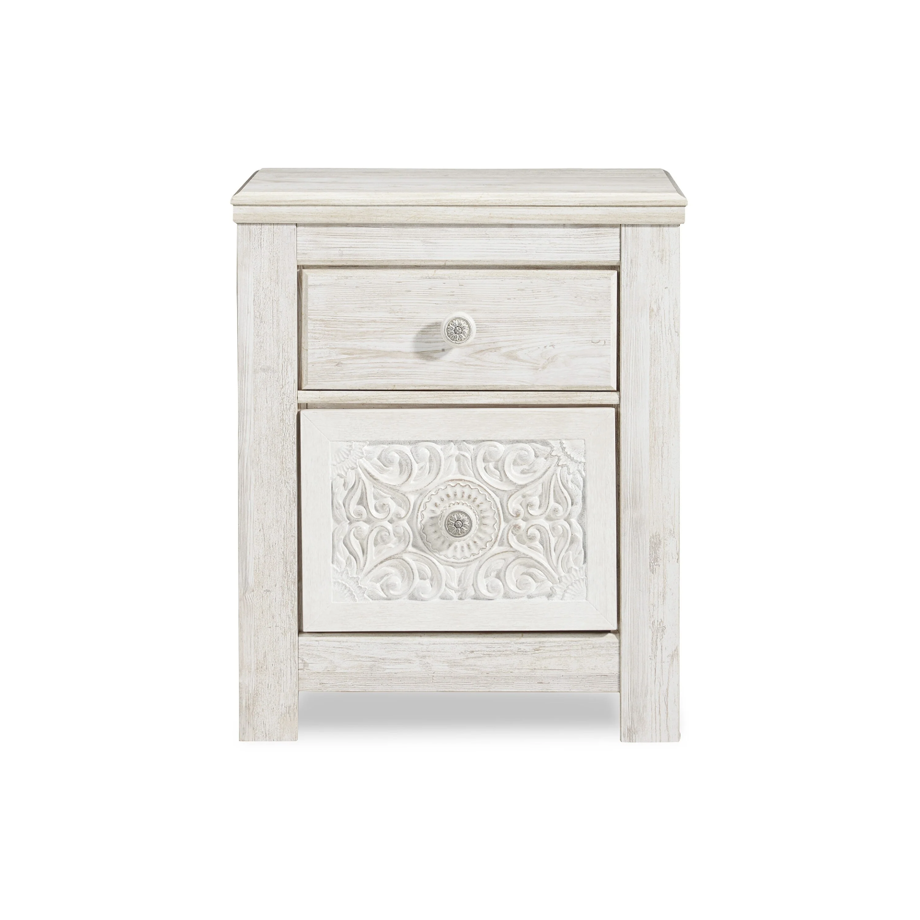 Paxy Nightstand, 2 Drawers, 2 USB Ports, Laminate Whitewash Finish