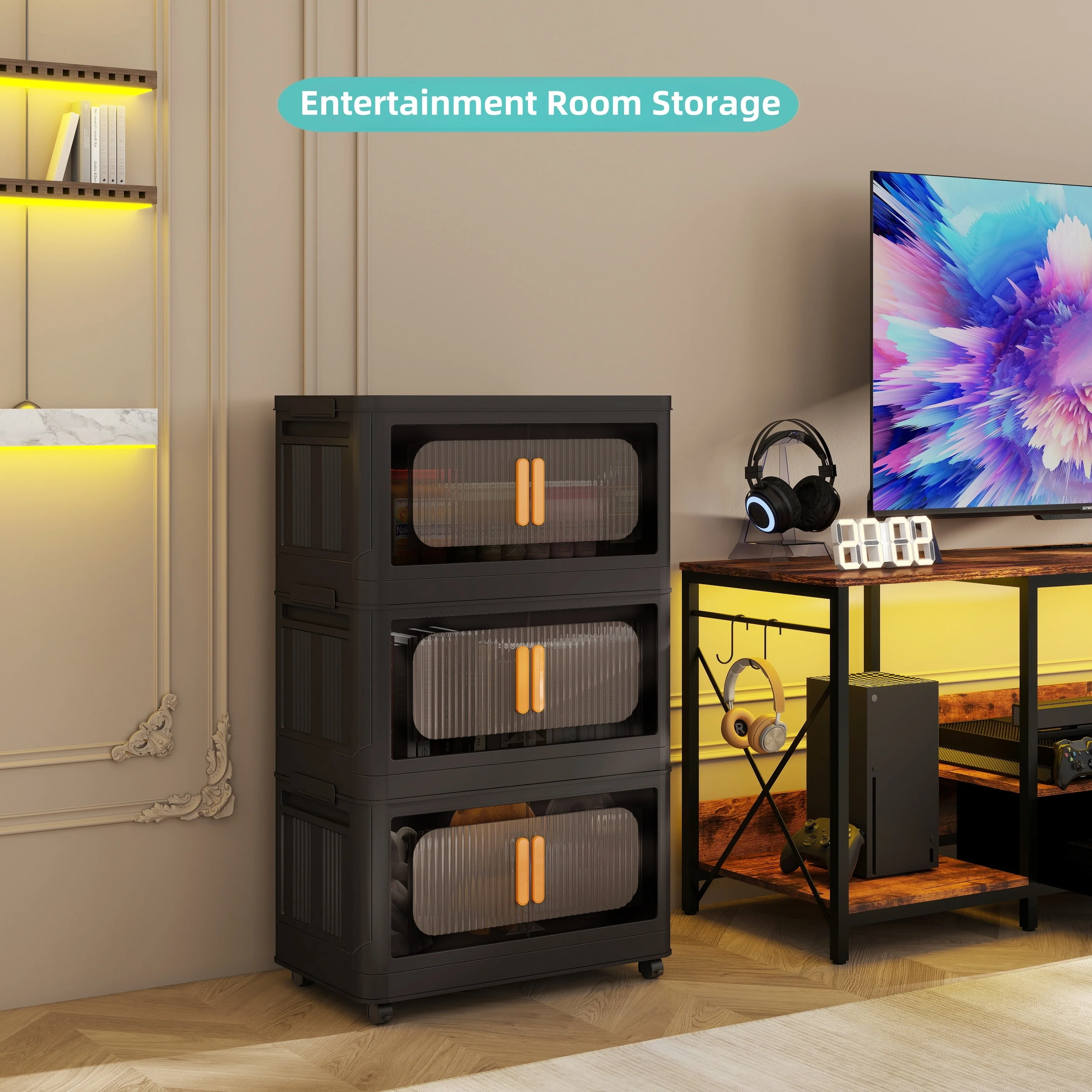 Modern 3-Tiers Folding Plastic Storage Cabinet with Magnetic Door and Bottom Wheels