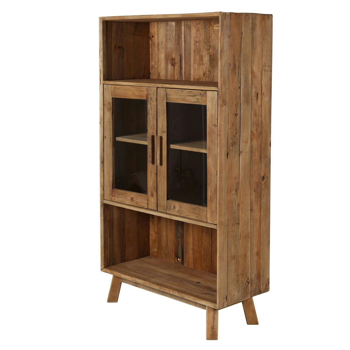 NEBRASKA - Buffet haut en pin recyclé 2 portes vitrées et 2 niches